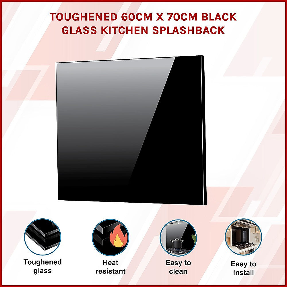 Toughened 60cm x 70cm Black Glass Kitchen Splashback V63-800197