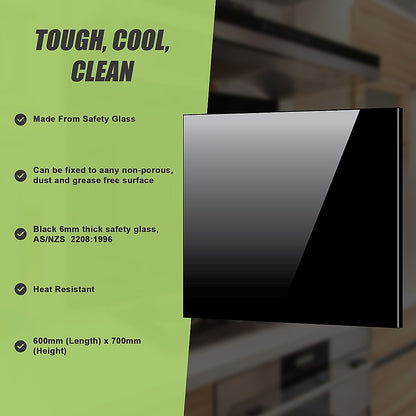 Toughened 60cm x 70cm Black Glass Kitchen Splashback V63-800197