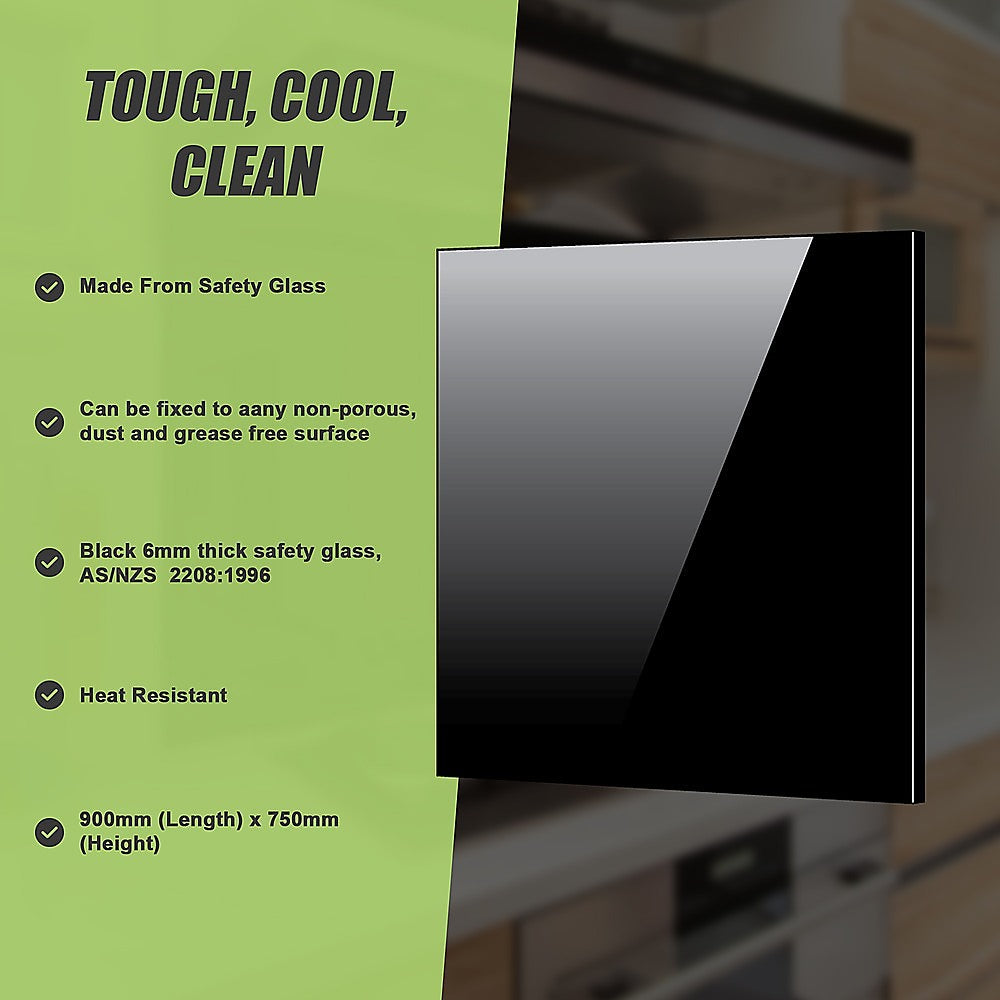 Toughened 90cm x 75cm Black Glass Kitchen Splashback V63-800207