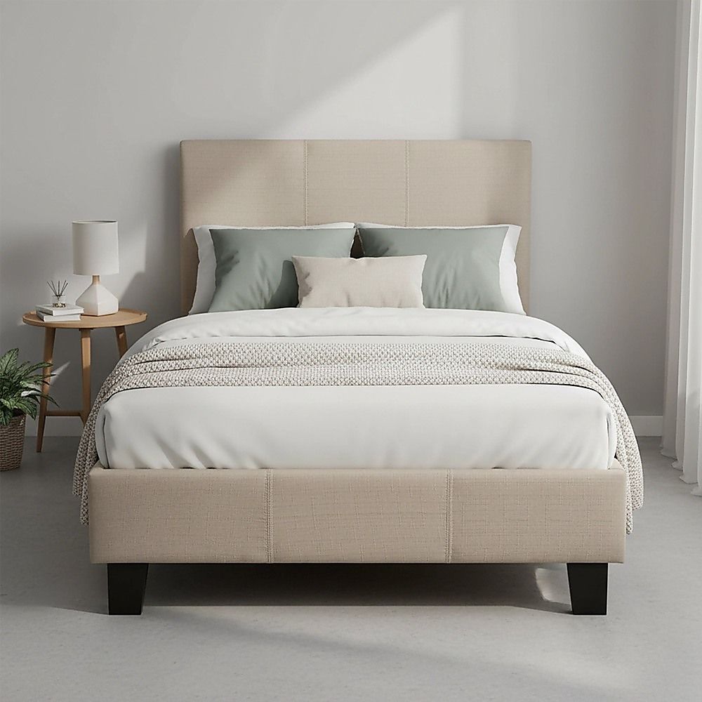 Single Linen Fabric Bed Frame Beige V63-800697