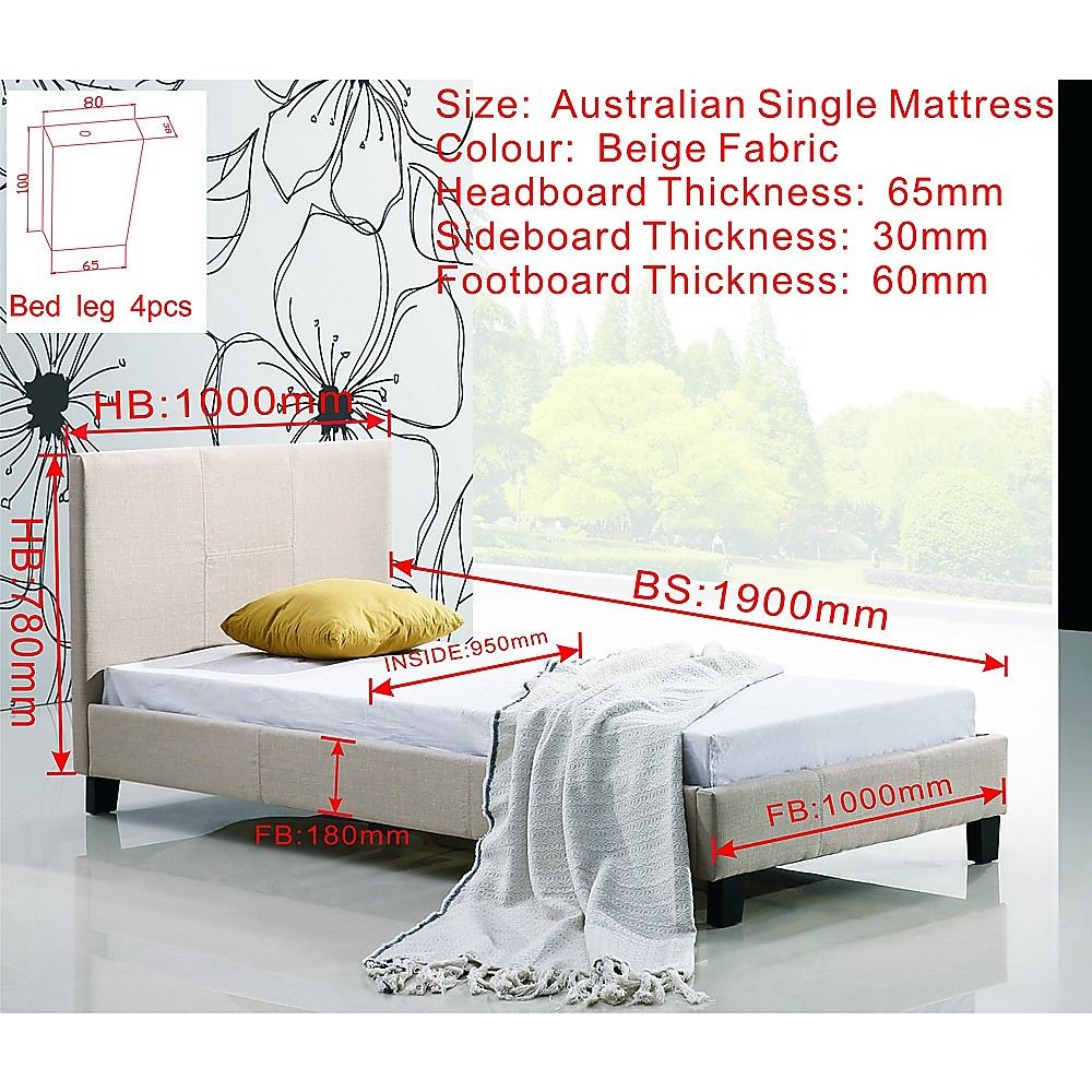 Single Linen Fabric Bed Frame Beige V63-800697