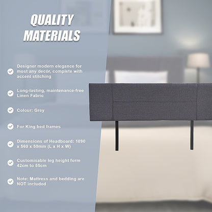 Linen Fabric King Bed Headboard Bedhead - Grey V63-800757