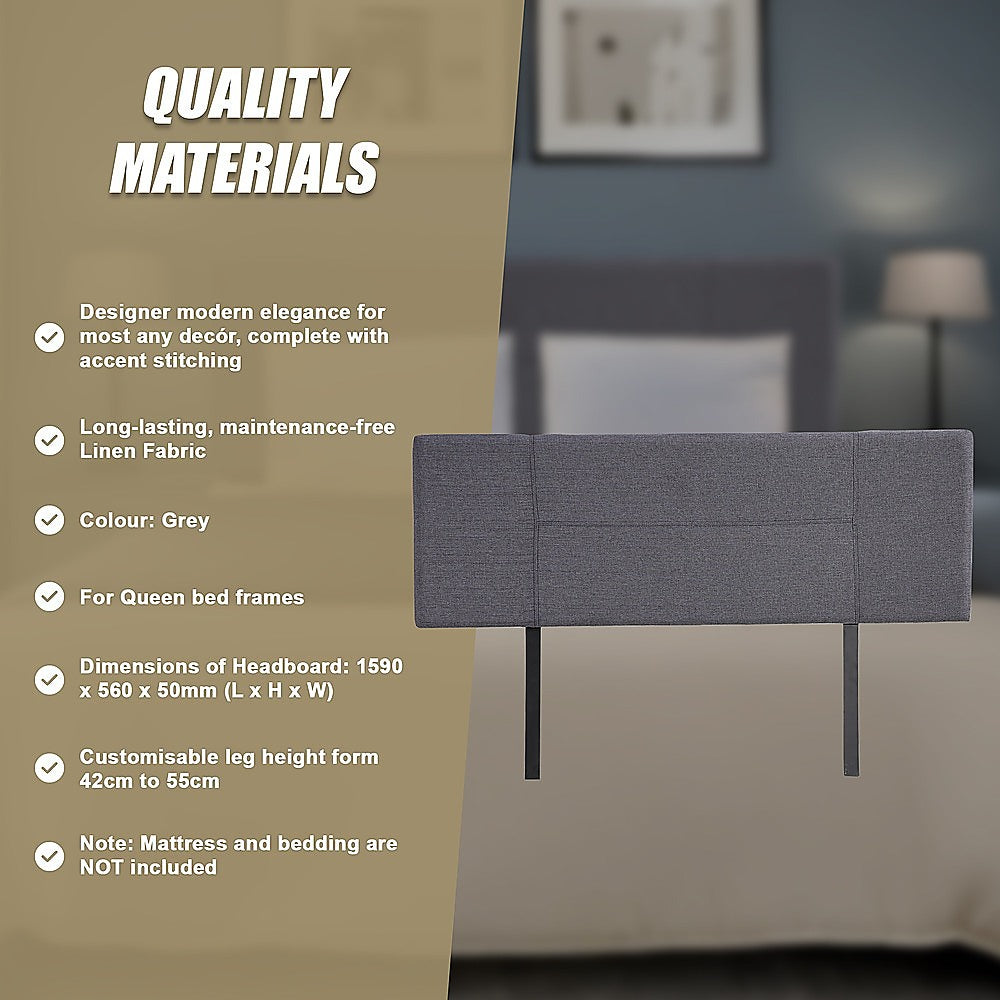 Linen Fabric Queen Bed Headboard Bedhead - Grey V63-800777