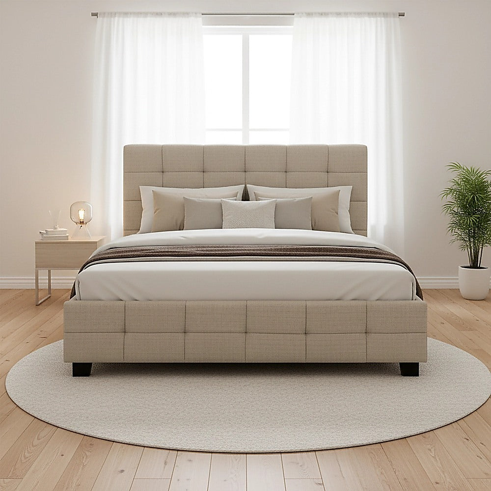 Linen Fabric Double Deluxe Bed Frame Beige V63-802167