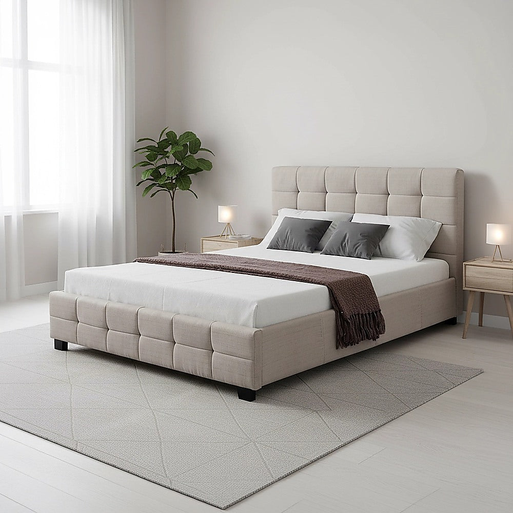 Linen Fabric Double Deluxe Bed Frame Beige V63-802167