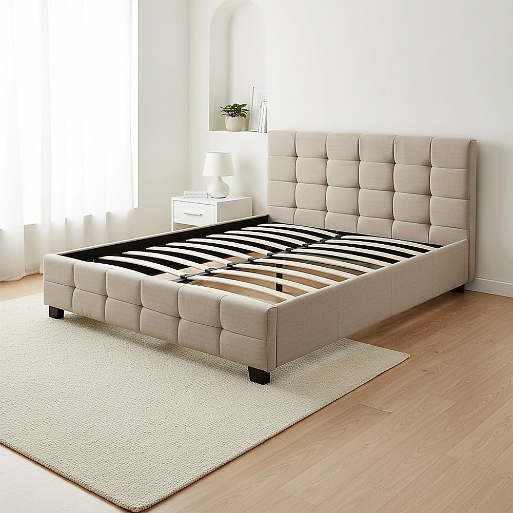 Linen Fabric Queen Deluxe Bed Frame Beige V63-802187
