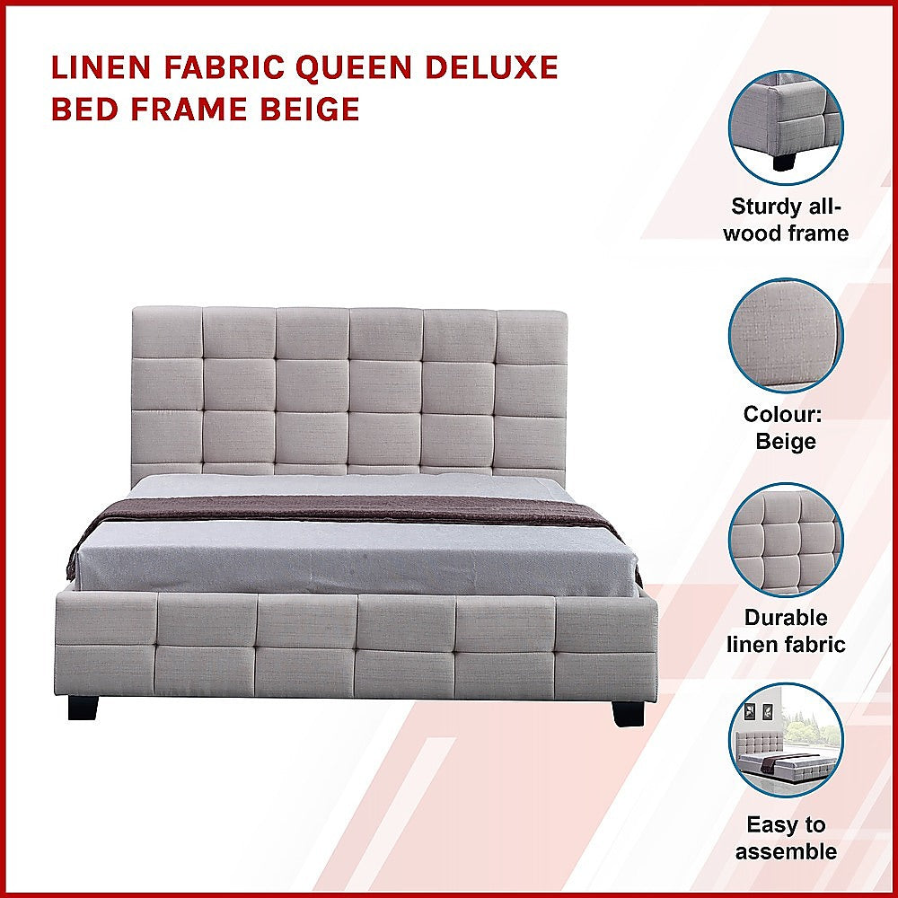 Linen Fabric Queen Deluxe Bed Frame Beige V63-802187