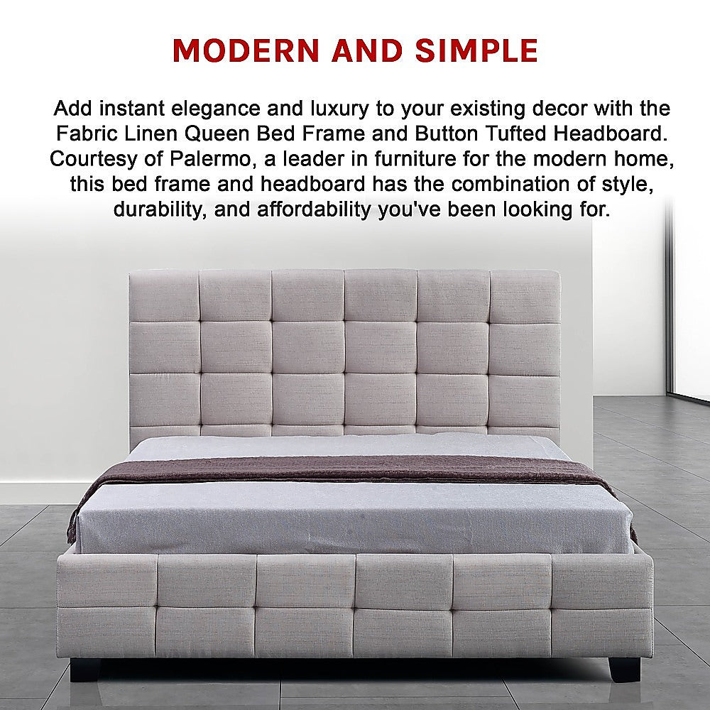 Linen Fabric Queen Deluxe Bed Frame Beige V63-802187