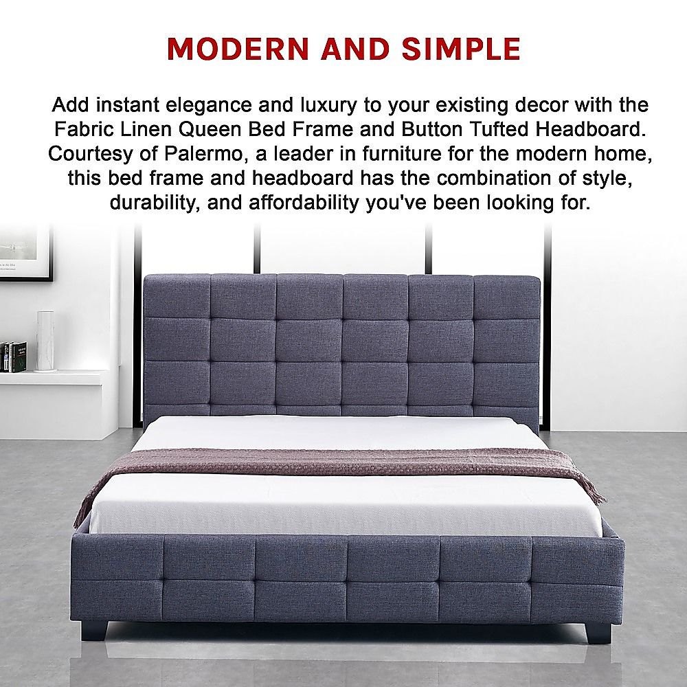 Linen Fabric Queen Deluxe Bed Frame Grey V63-802197