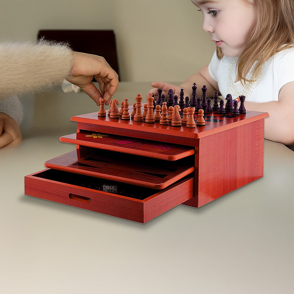 10 in 1 Wooden Chess Board Games Slide Out Checkers House Unit Set V63-816923