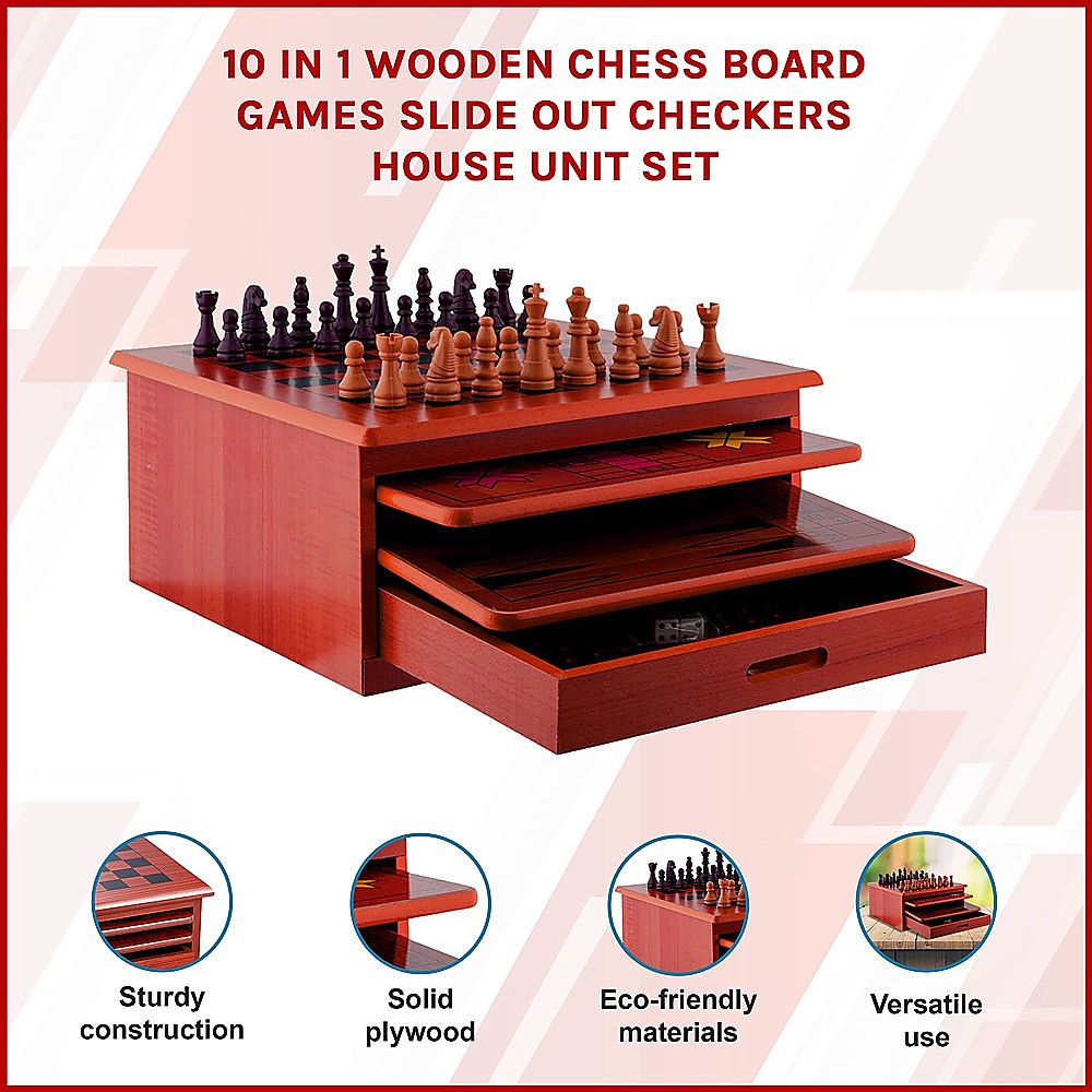 10 in 1 Wooden Chess Board Games Slide Out Checkers House Unit Set V63-816923