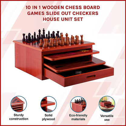 10 in 1 Wooden Chess Board Games Slide Out Checkers House Unit Set V63-816923
