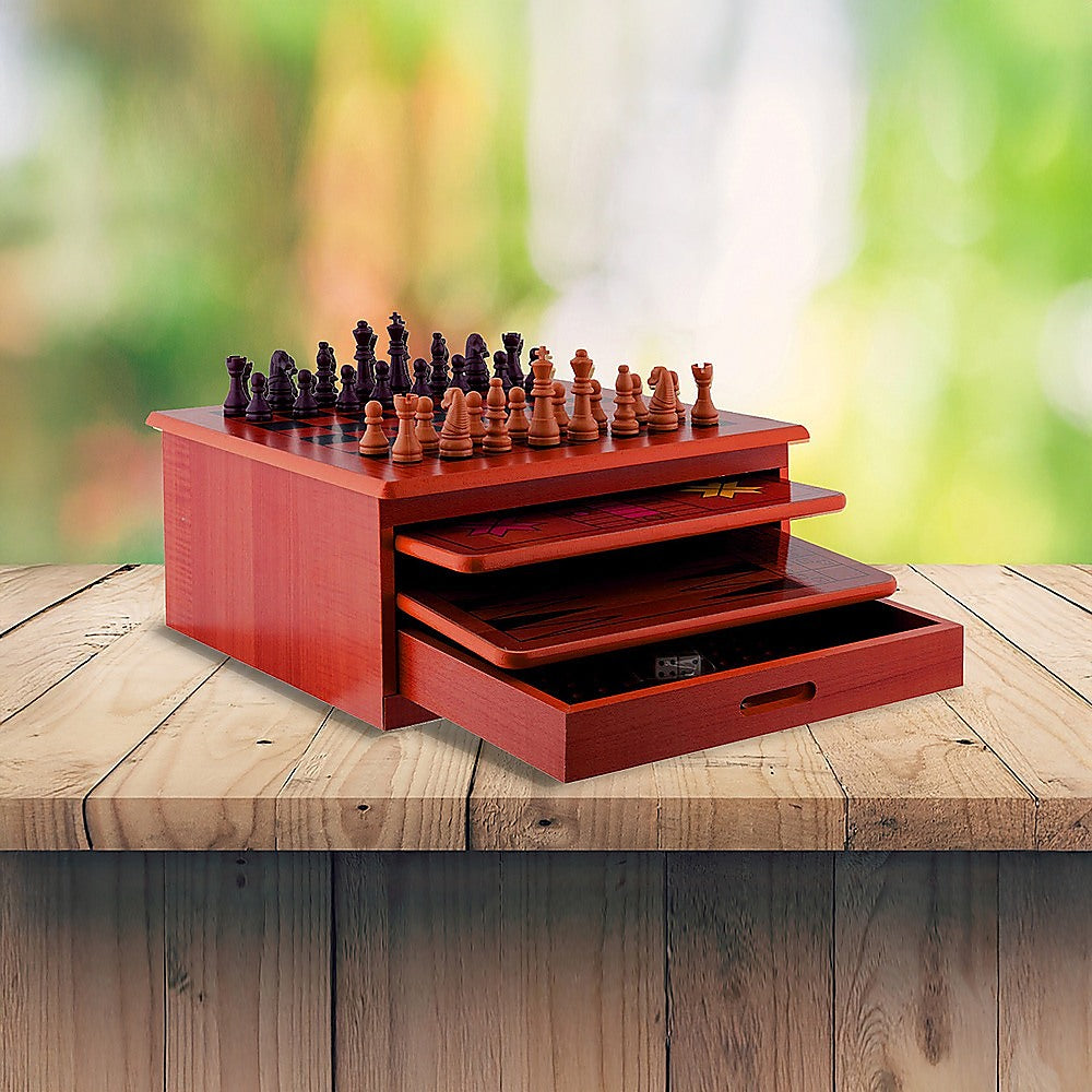 10 in 1 Wooden Chess Board Games Slide Out Checkers House Unit Set V63-816923