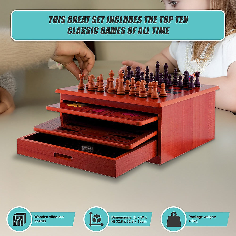 10 in 1 Wooden Chess Board Games Slide Out Checkers House Unit Set V63-816923