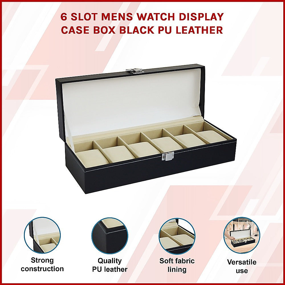 6 Slot Mens Watch Display Case Box Black PU Leather V63-816963
