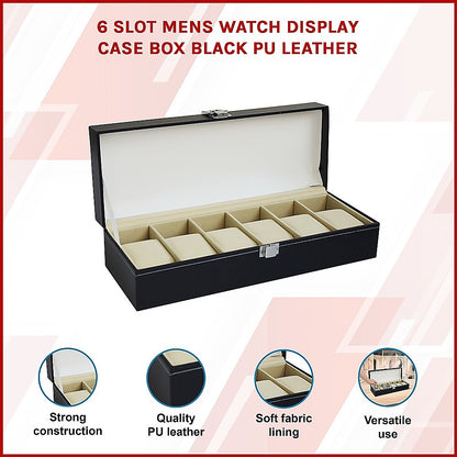 6 Slot Mens Watch Display Case Box Black PU Leather V63-816963