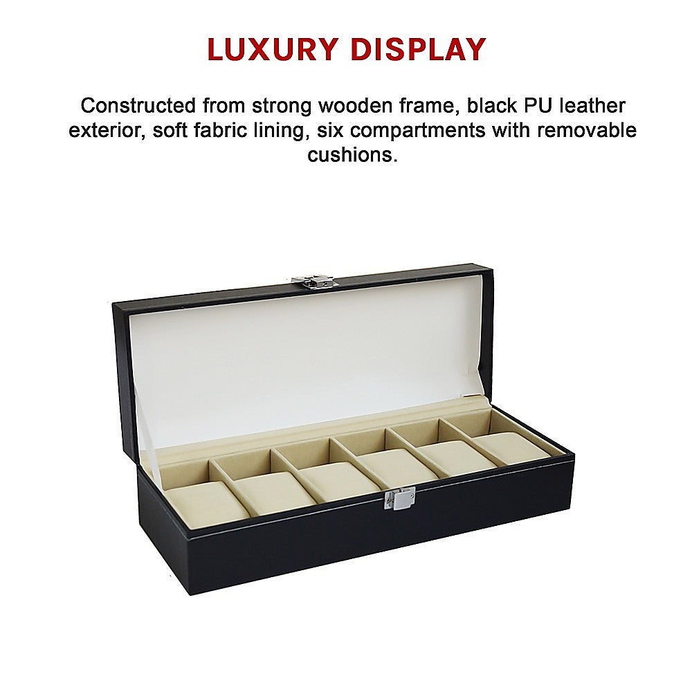 6 Slot Mens Watch Display Case Box Black PU Leather V63-816963