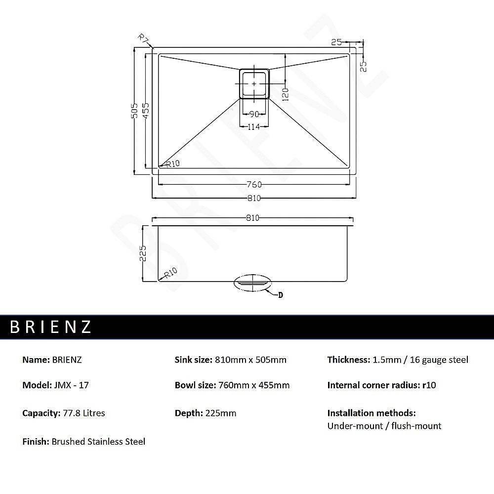 810x505mm Handmade 1.5mm Stainless Steel Undermount / Topmount Kitchen Sink with Square Waste V63-817883