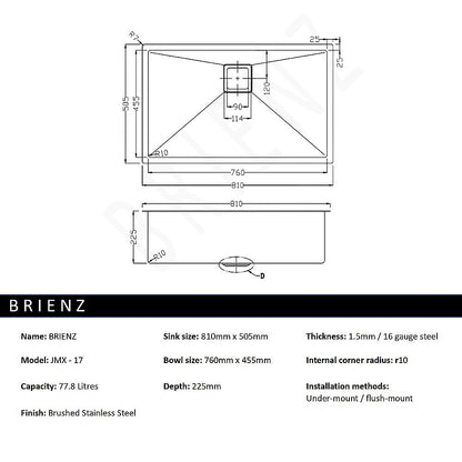 810x505mm Handmade 1.5mm Stainless Steel Undermount / Topmount Kitchen Sink with Square Waste V63-817883