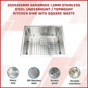 550x455mm Handmade 1.5mm Stainless Steel Undermount / Topmount Kitchen Sink with Square Waste V63-817893