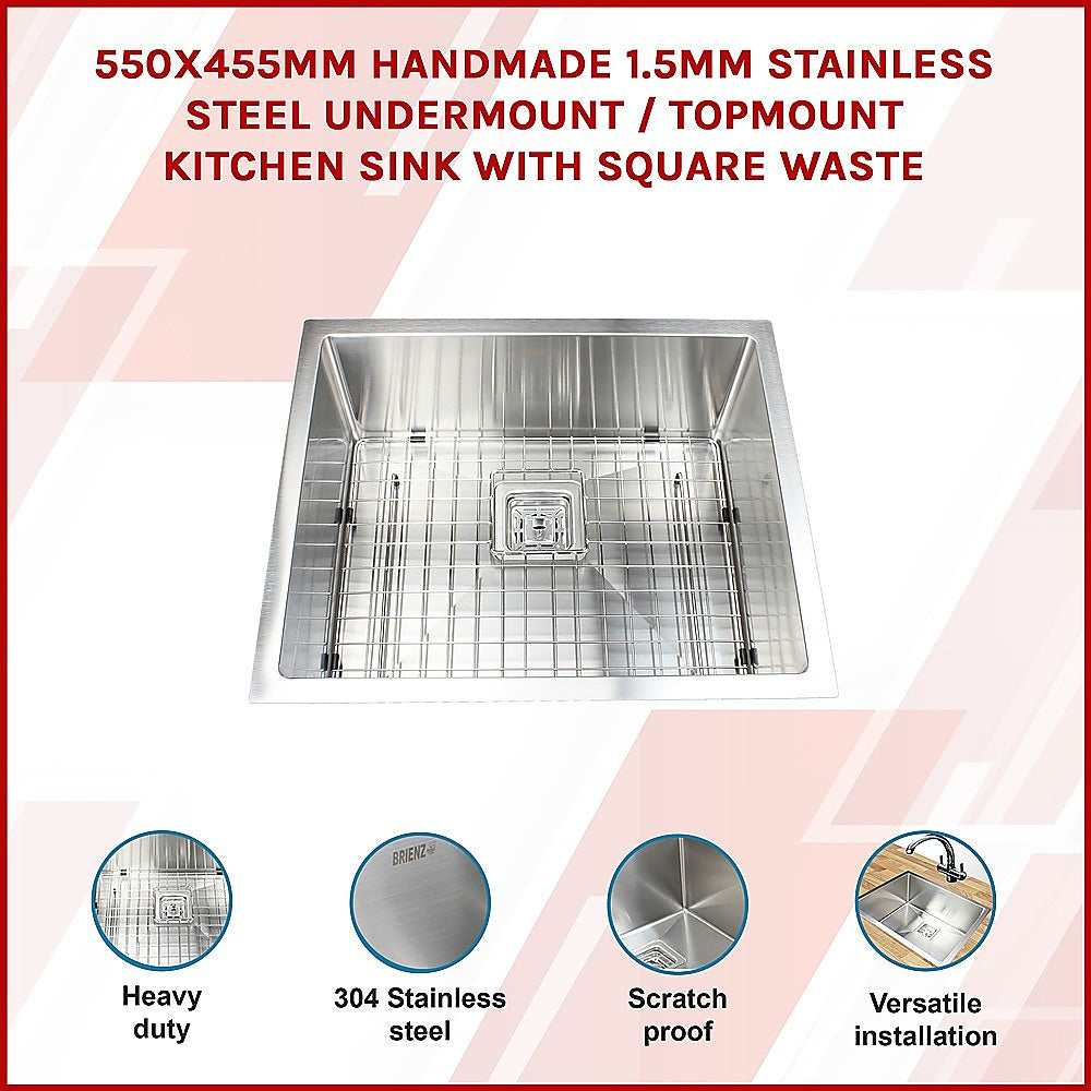 550x455mm Handmade 1.5mm Stainless Steel Undermount / Topmount Kitchen Sink with Square Waste V63-817893