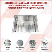 430x455mm Handmade 1.5mm Stainless Steel Undermount / Topmount Kitchen Sink with Square Waste V63-817903
