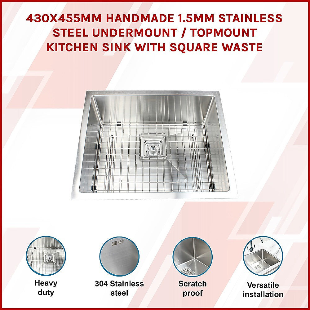 430x455mm Handmade 1.5mm Stainless Steel Undermount / Topmount Kitchen Sink with Square Waste V63-817903