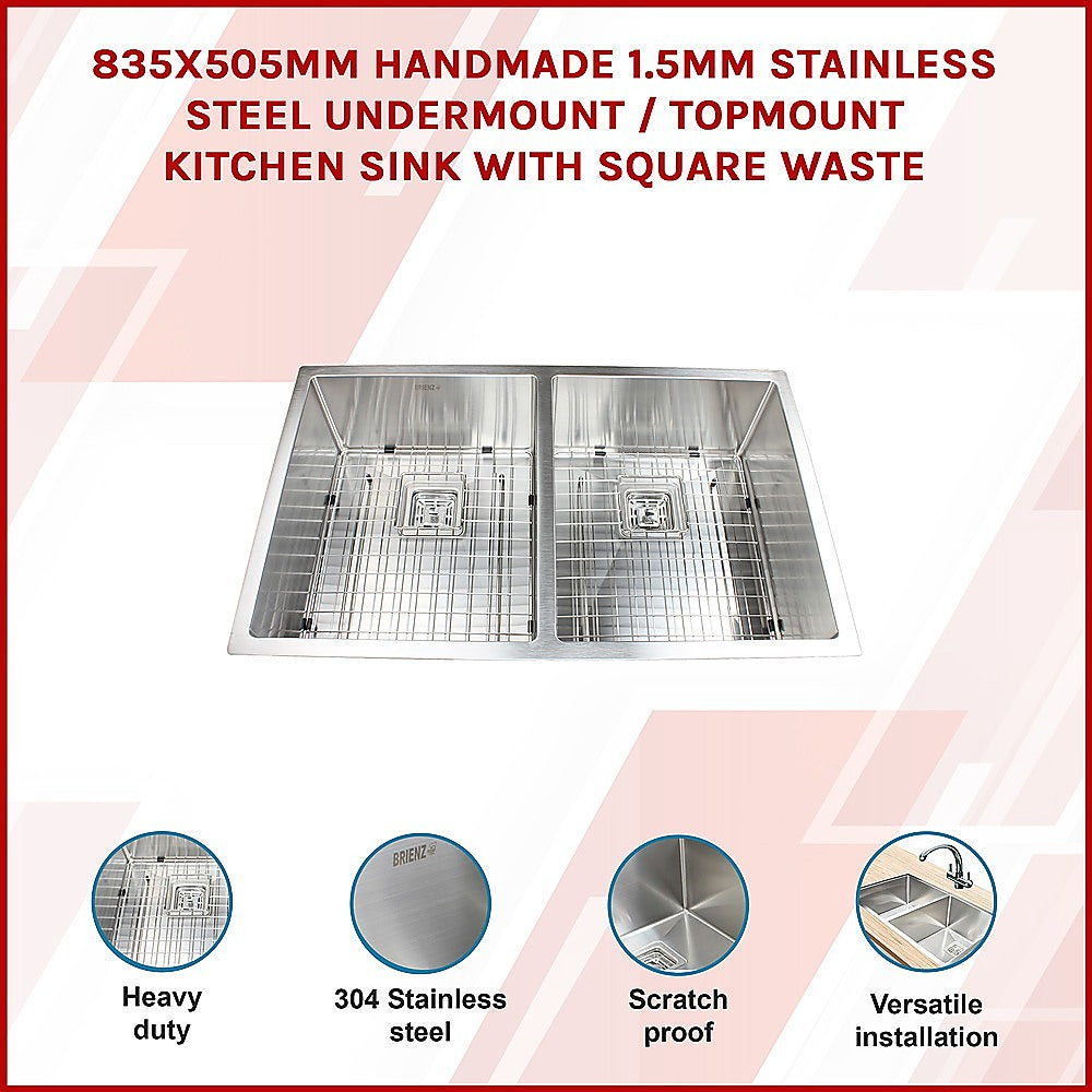 835x505mm Handmade 1.5mm Stainless Steel Undermount / Topmount Kitchen Sink with Square Waste V63-817913