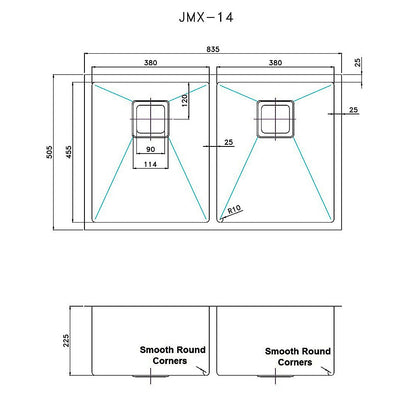 835x505mm Handmade 1.5mm Stainless Steel Undermount / Topmount Kitchen Sink with Square Waste V63-817913