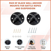 Pair of Black Wall Anchor Mounts for Battle Ropes and Suspension