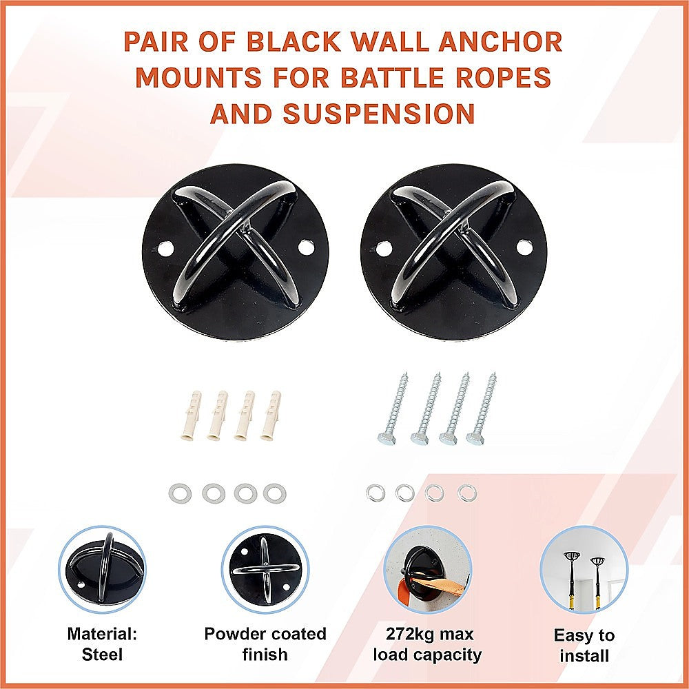 Pair of Black Wall Anchor Mounts for Battle Ropes and Suspension