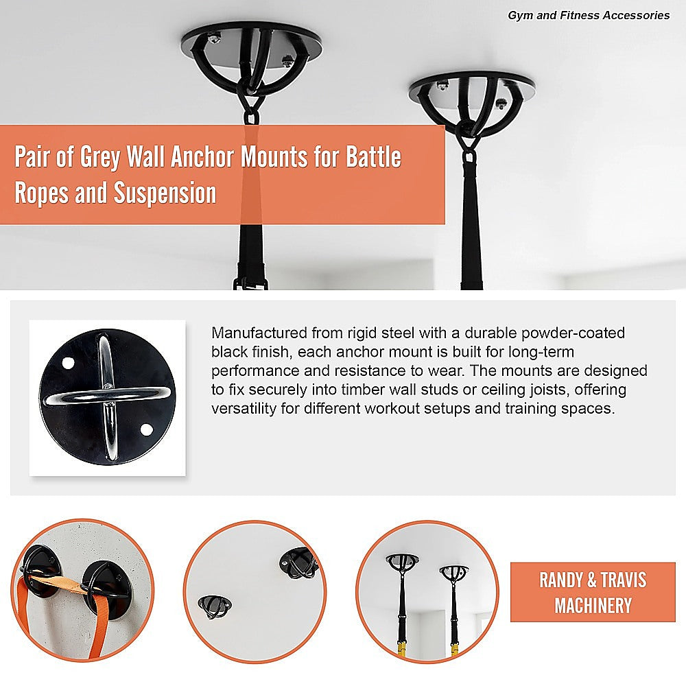 Pair of Black Wall Anchor Mounts for Battle Ropes and Suspension