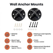 Pair of Black Wall Anchor Mounts for Battle Ropes and Suspension