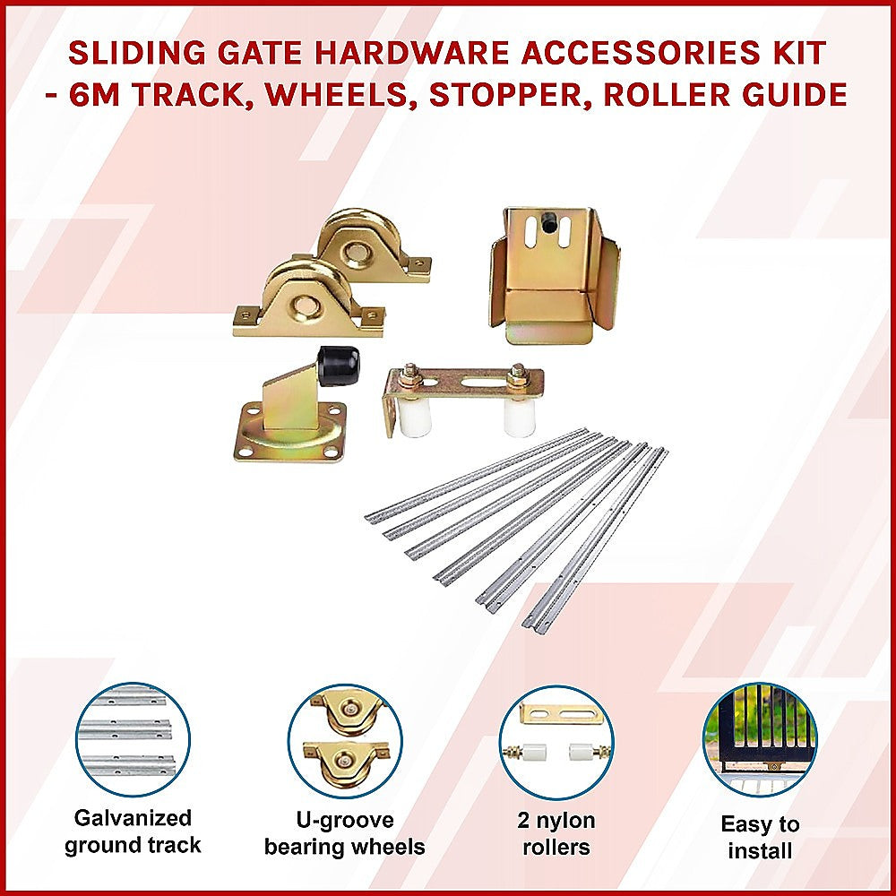 Sliding Gate Hardware Accessories Kit - 6m Track, Wheels, Stopper, Roller Guide V63-817983