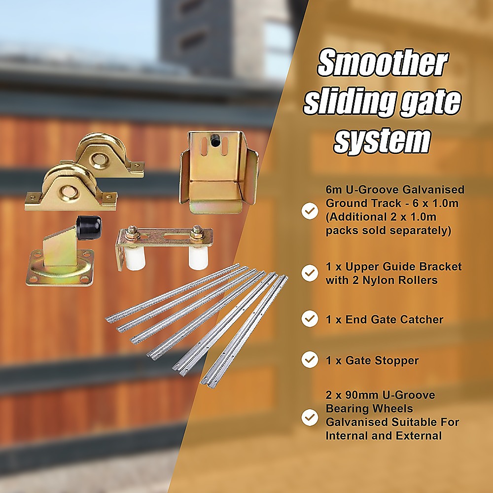 Sliding Gate Hardware Accessories Kit - 6m Track, Wheels, Stopper, Roller Guide V63-817983