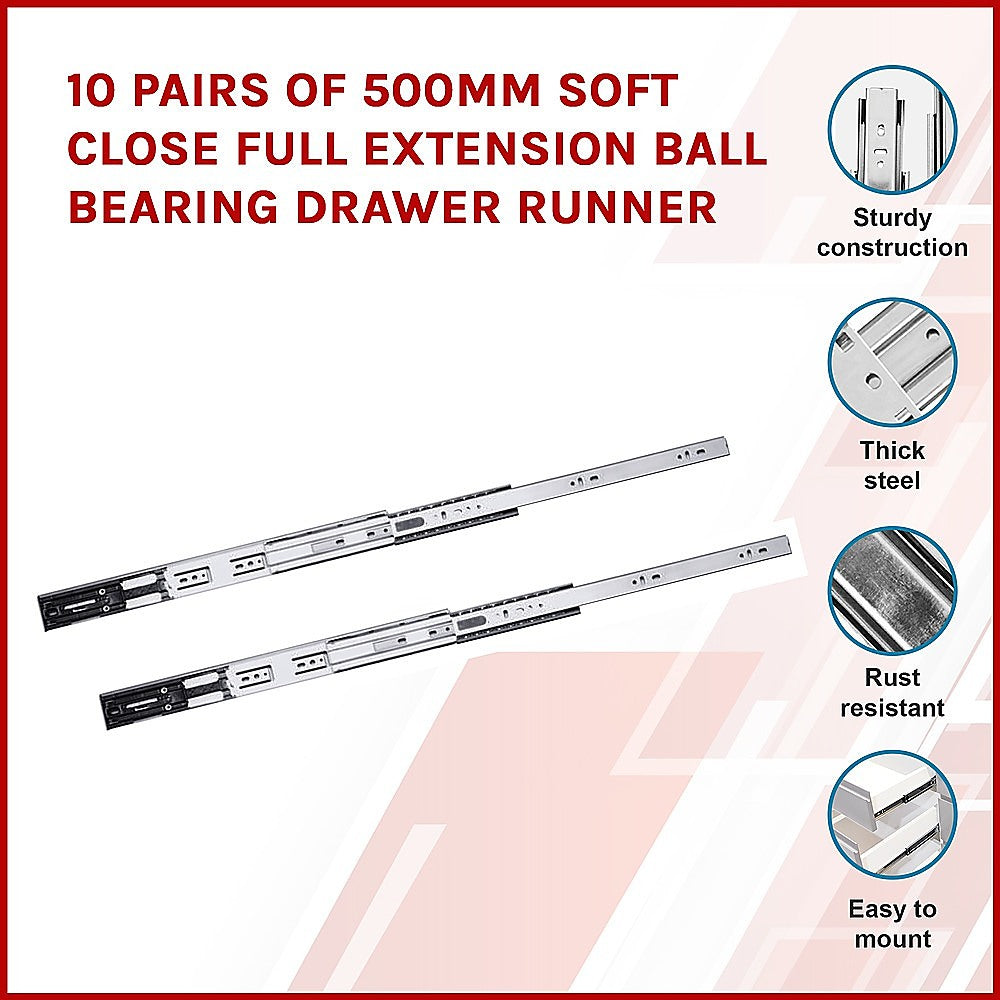 10 Pairs of 500mm Soft Close Full Extension Ball Bearing Drawer Runner V63-818083