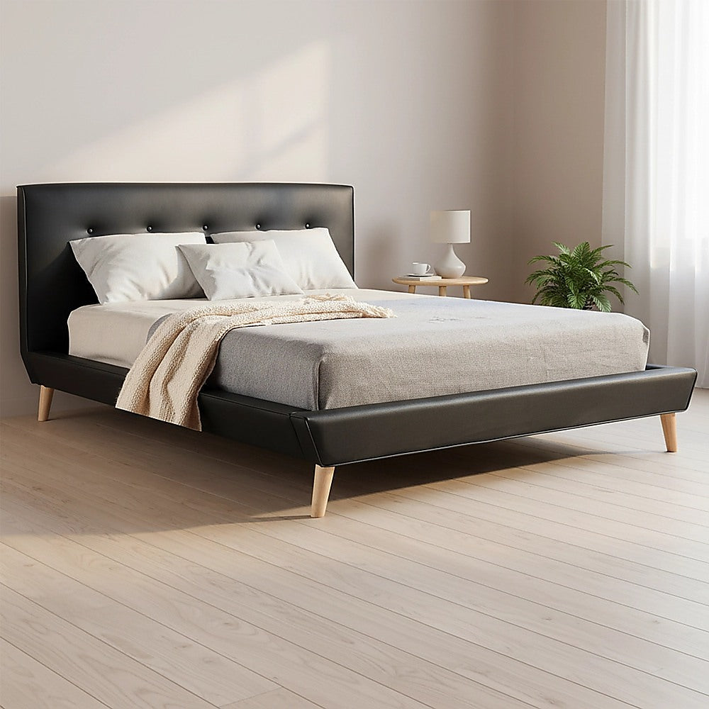 Double PU Leather Deluxe Bed Frame Black V63-819123