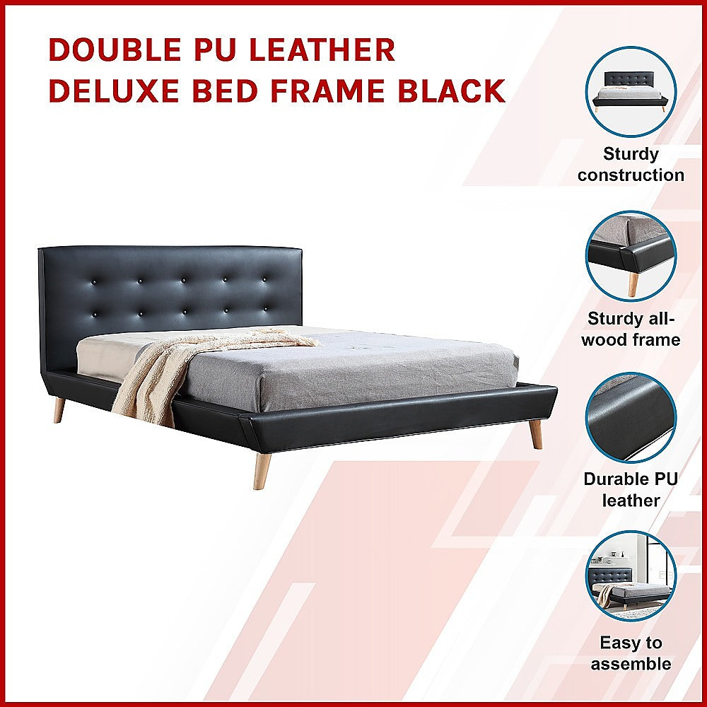 Double PU Leather Deluxe Bed Frame Black V63-819123