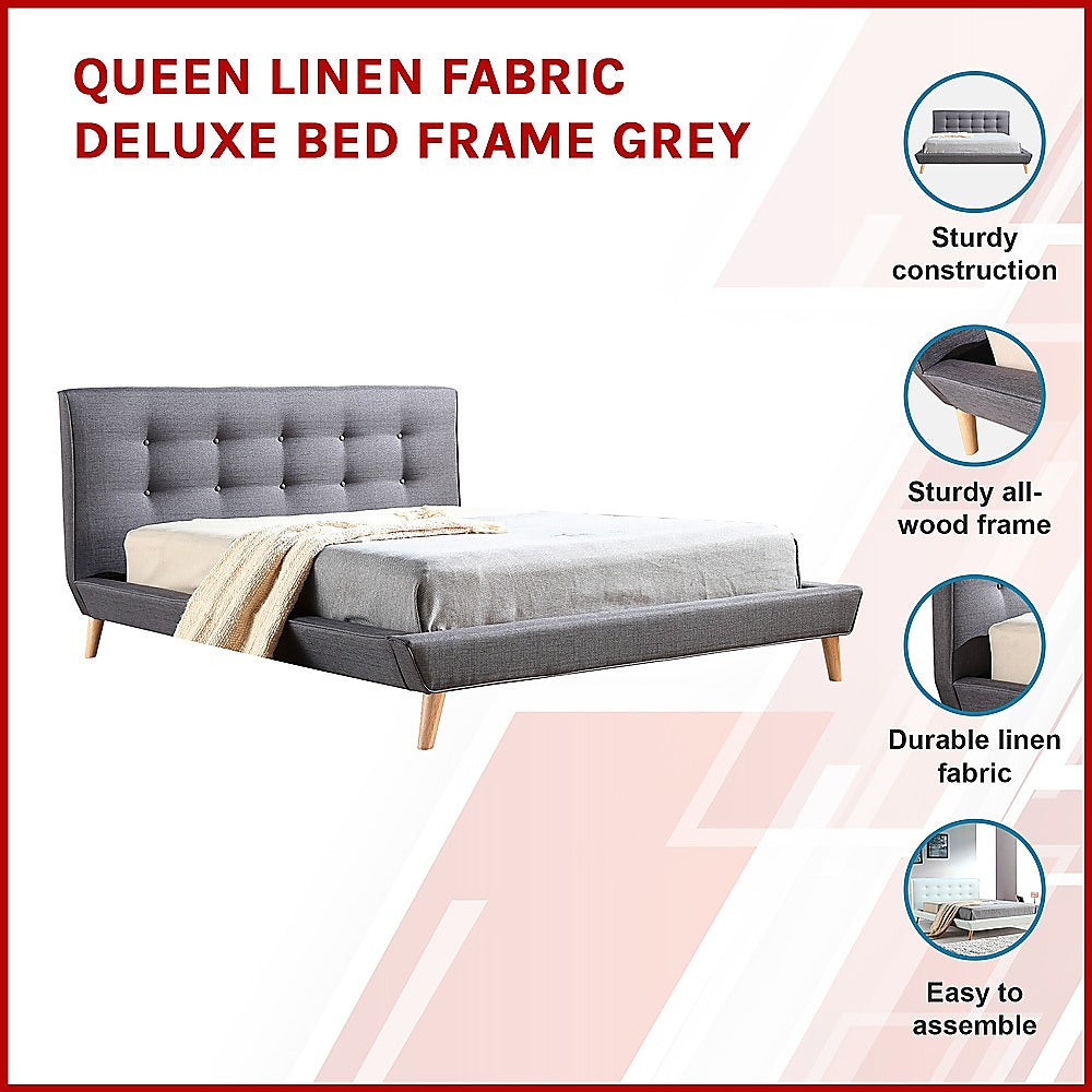 Queen Linen Fabric Deluxe Bed Frame Grey V63-819173