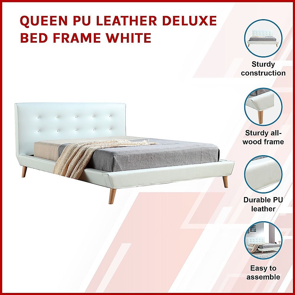 Queen PU Leather Deluxe Bed Frame White V63-819183