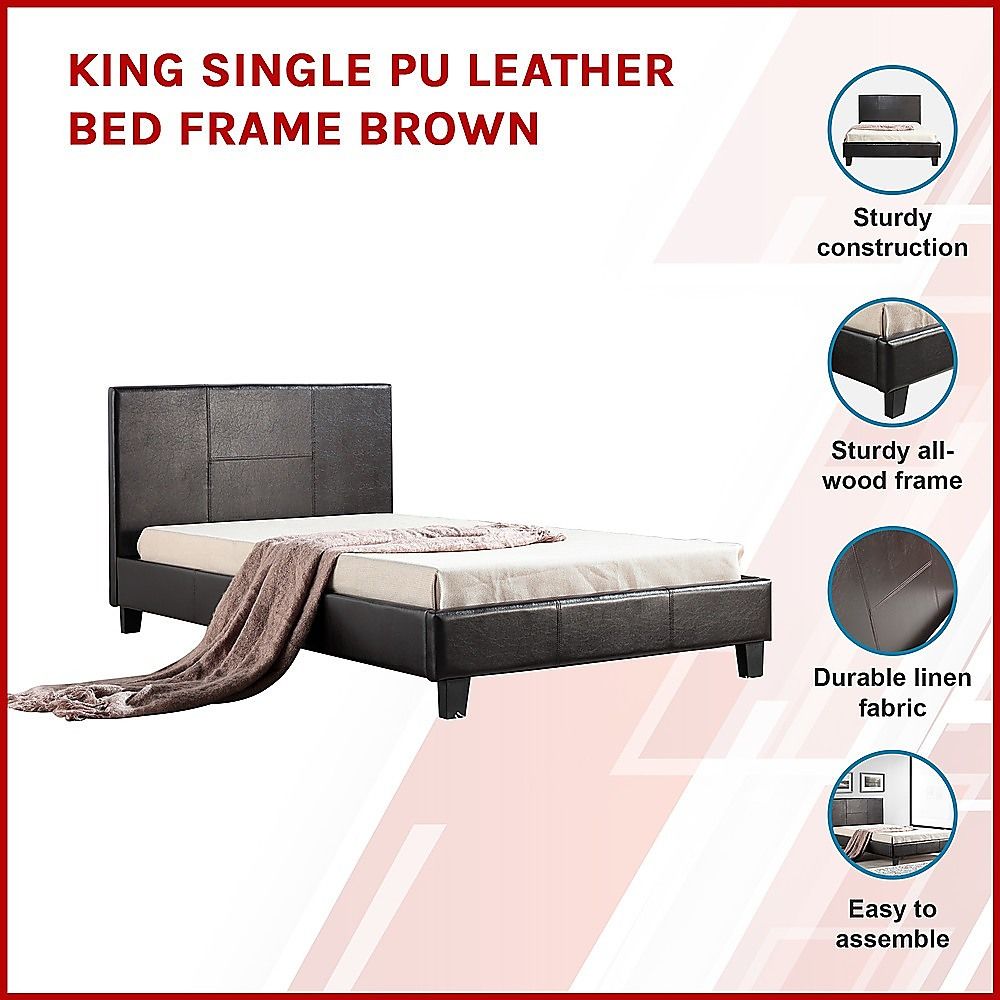 King Single PU Leather Bed Frame Brown V63-819223