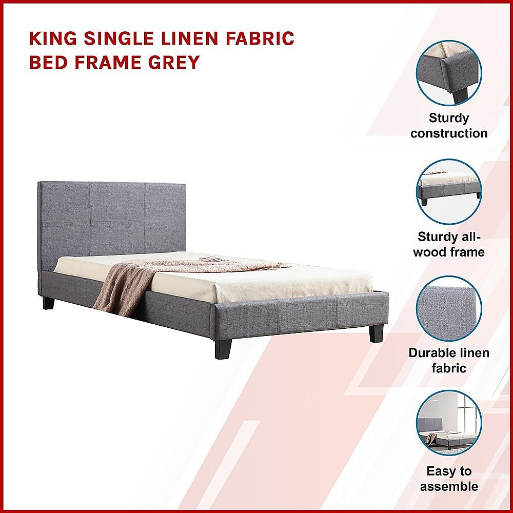 King Single Linen Fabric Bed Frame Grey V63-819243