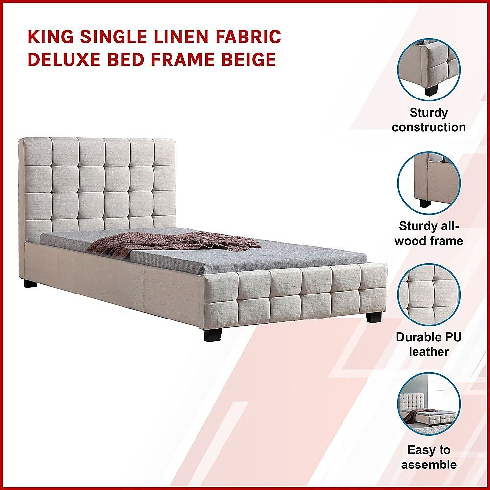 King Single Linen Fabric Deluxe Bed Frame Beige V63-819273