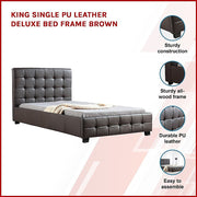 King Single PU Leather Deluxe Bed Frame Brown V63-819283