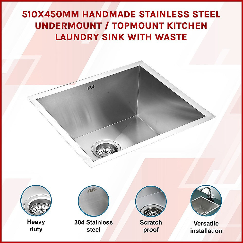 510x450mm Handmade Stainless Steel Undermount / Topmount Kitchen Laundry Sink with Waste V63-819503
