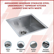 440x440mm Handmade Stainless Steel Undermount / Topmount Kitchen Laundry Sink with Waste V63-819513
