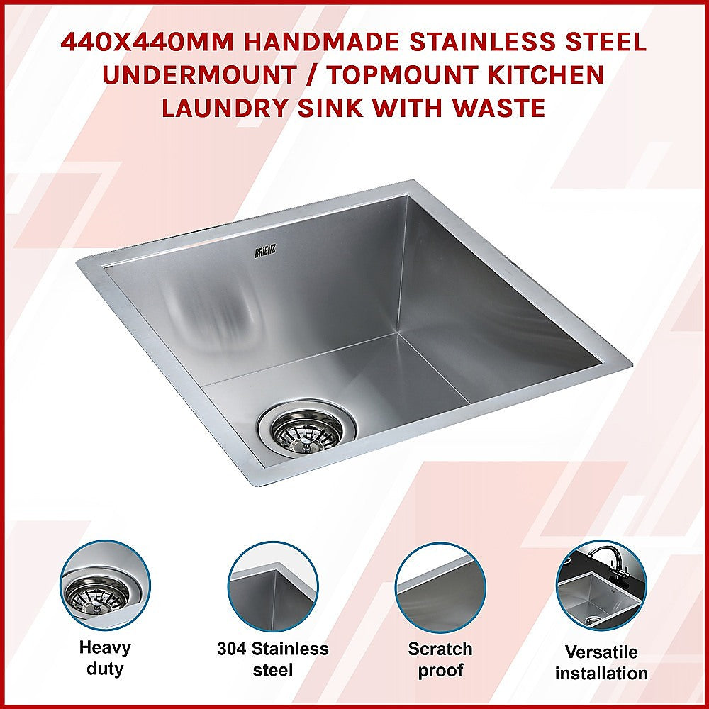 440x440mm Handmade Stainless Steel Undermount / Topmount Kitchen Laundry Sink with Waste V63-819513
