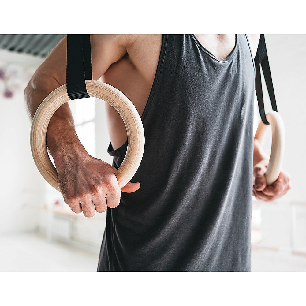 Birch Wood Gymnastic Rings with Adjustable Straps - Strength & Calisthenics Training V63-819913