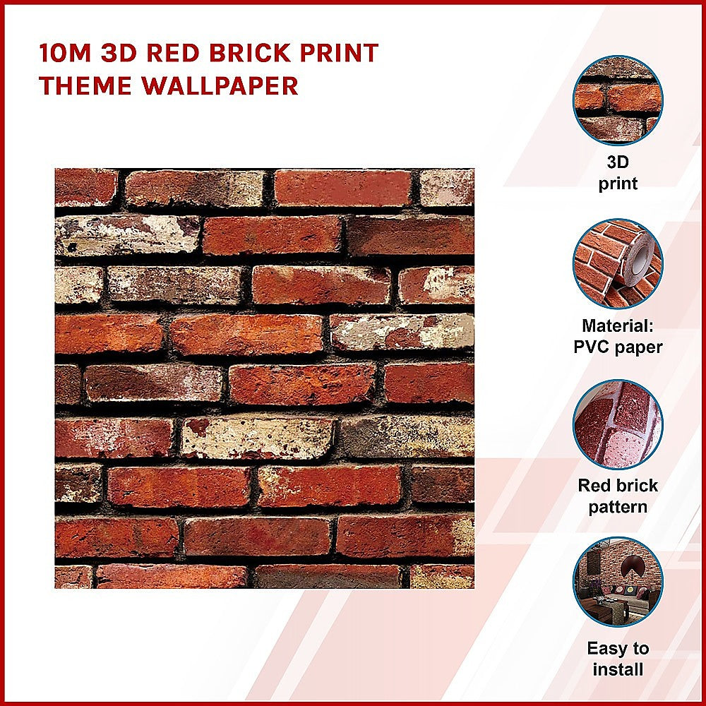 10m 3D Red Brick Print Theme Wallpaper V63-819943