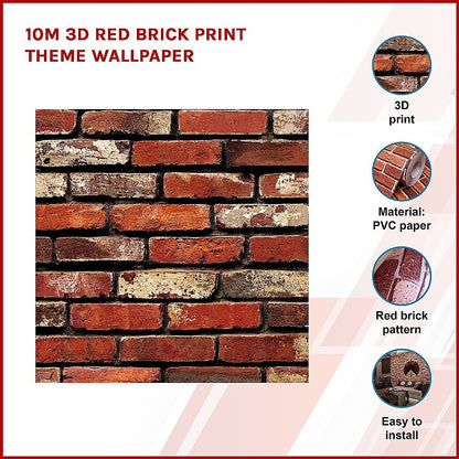10m 3D Red Brick Print Theme Wallpaper V63-819943